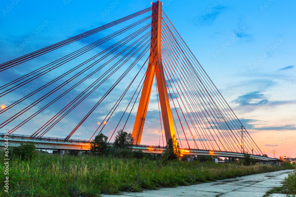 Cable stayed bridge in Gdansk at sunset, Poland