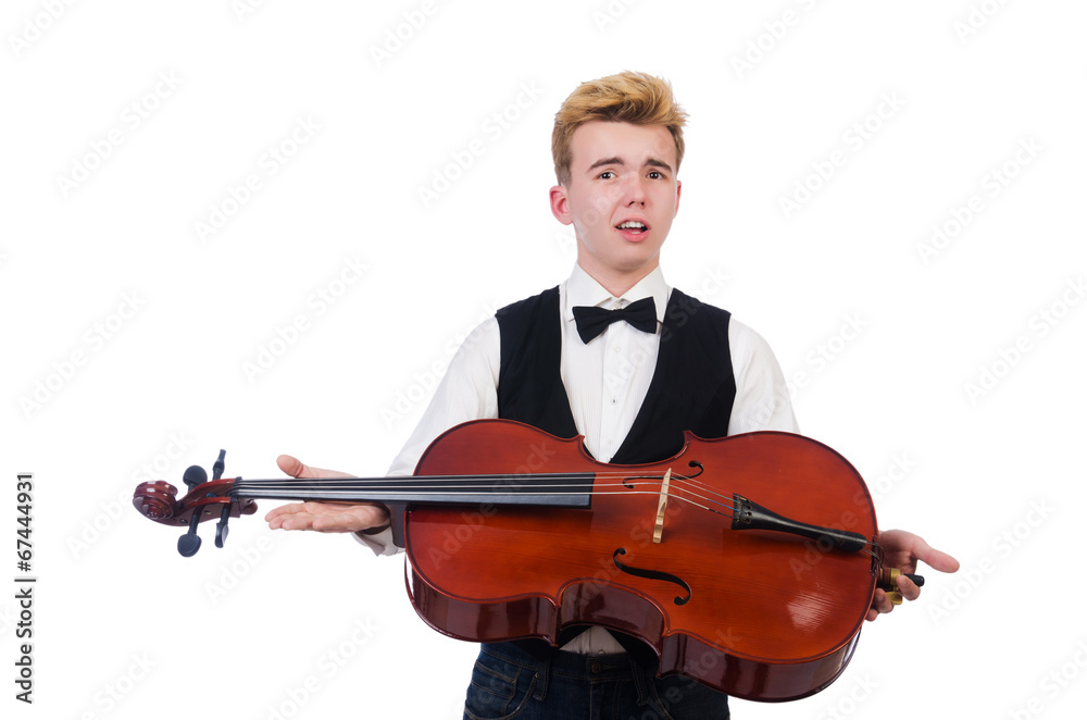 Fototapeta premium Funny man with violin on white