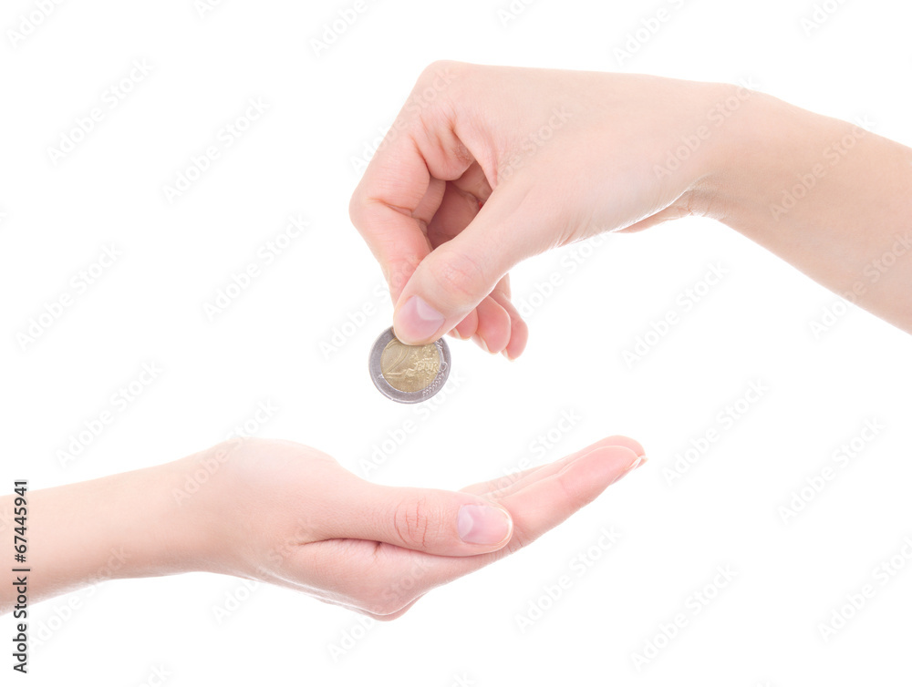 empty female palm and hand holding euro coin isolated on white empty female palm and hand holding euro coin isolated on white