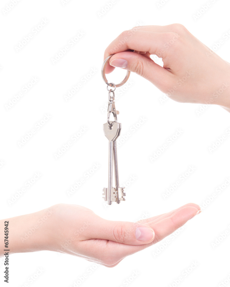 empty female palm and hand holding key isolated on white empty female palm and hand holding key isolated on white