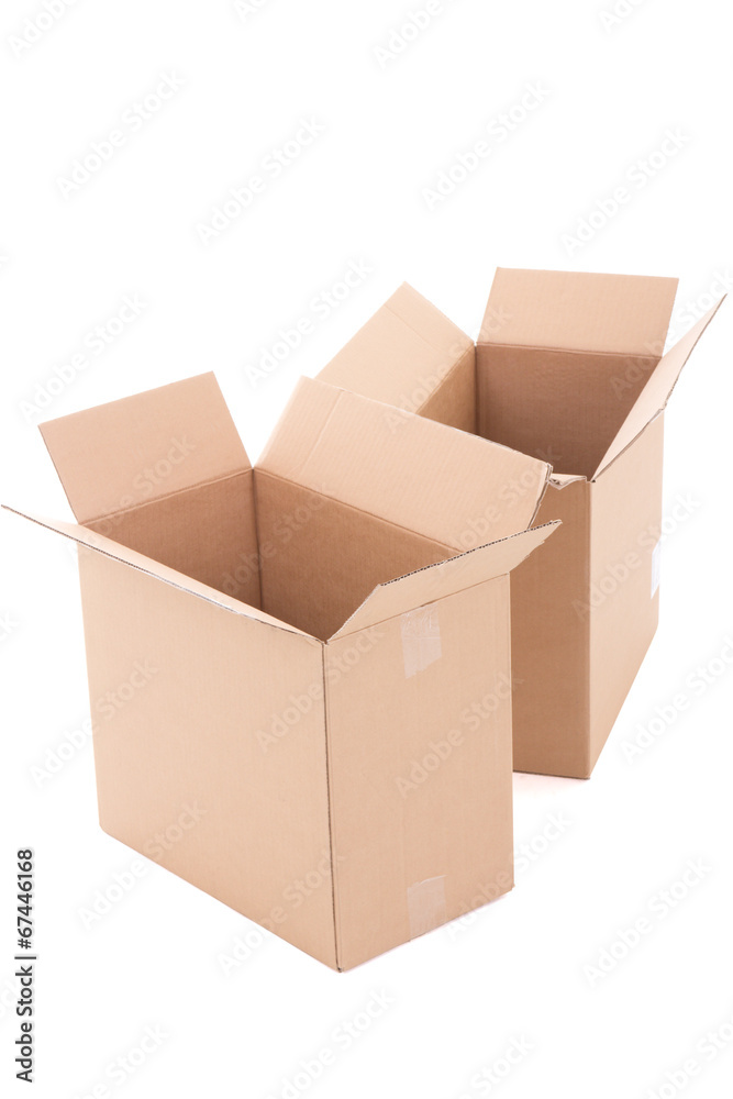 two open brown corrugated cardboard boxes over white two open brown corrugated cardboard boxes over white