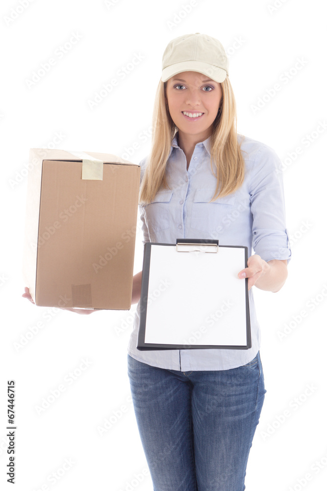 post delivery service woman with box and blank clipboard isolate