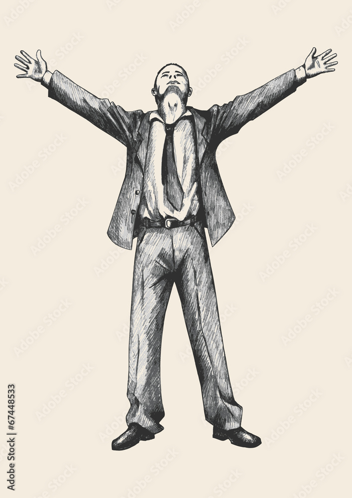 Sketch illustration of a businessman standing with open arms Sketch illustration of a businessman standing with open arms