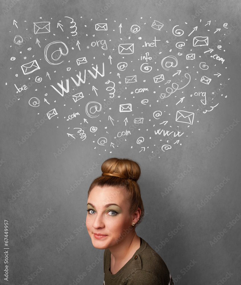 Young woman thinking with social network icons above her head