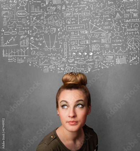 Young woman gesturing with sketched charts above her head