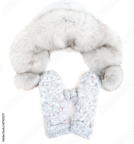 Winter cap and mittens, isolated on white