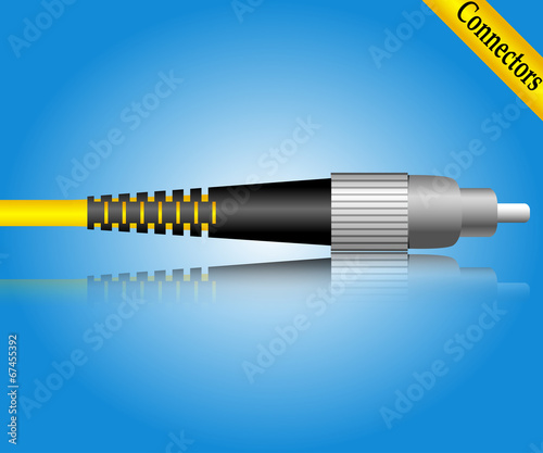 Fiber optic FC connector on blue background.