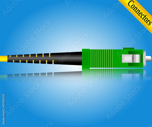 Fiber optic SC connector on blue background.