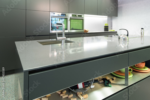 anthracite modern kitchen with oven and steamer with island photo