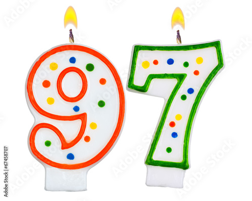 Birthday candles number ninety seven isolated on white