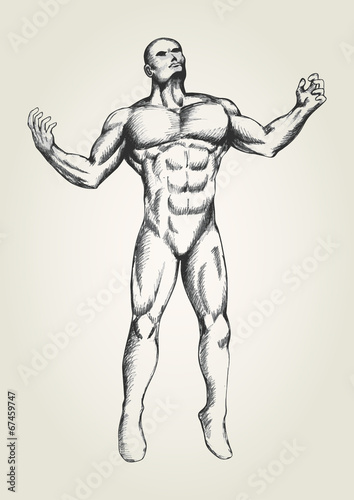 Sketch of muscular man with open arms, looking up