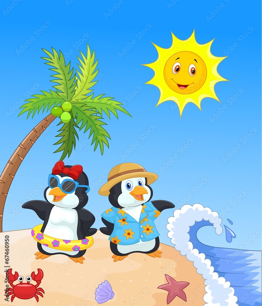 Fototapeta premium Cute cartoon penguin in summer holiday