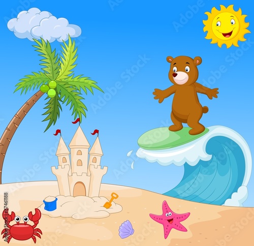 Happy bear cartoon surfing