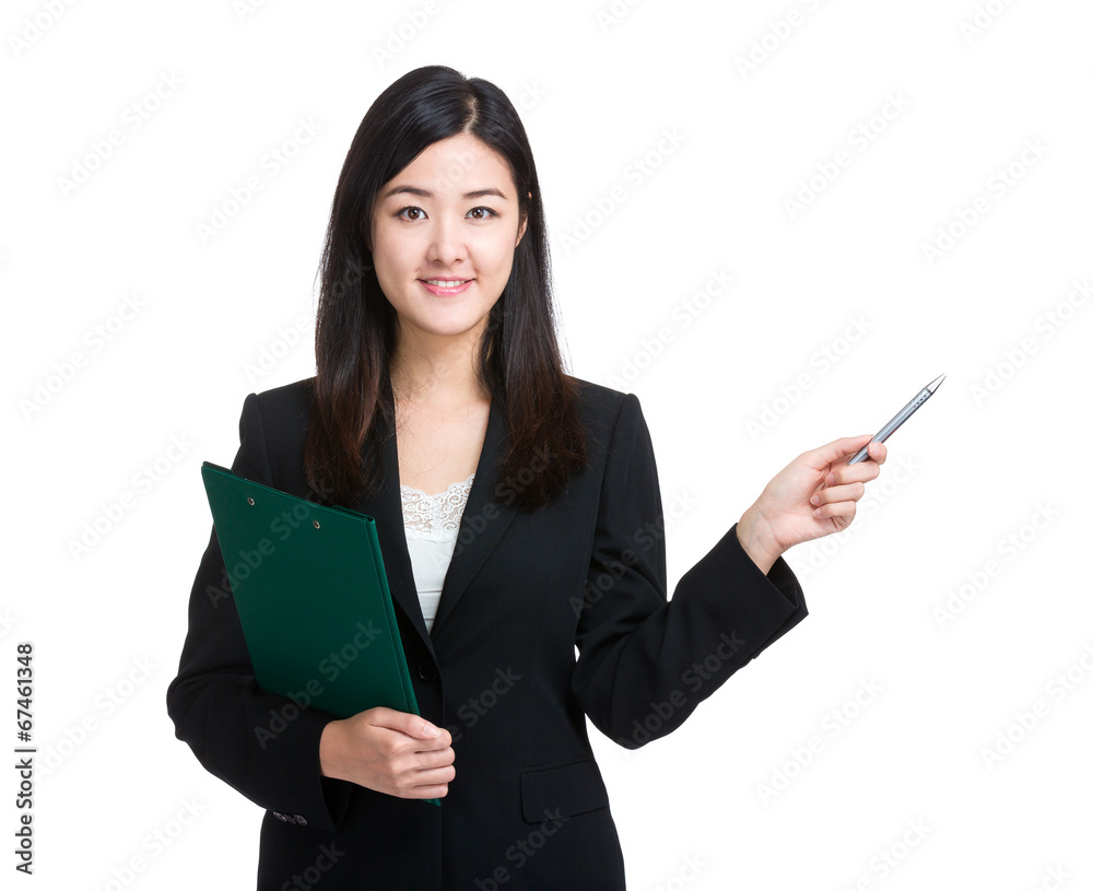 Asian business woman clipboard and pen point out Asian business woman clipboard and pen point out