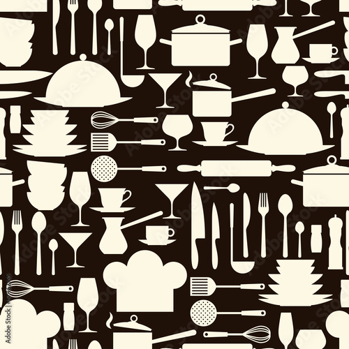 Seamless pattern with restaurant and kitchen utensils.