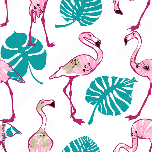 Exotic seamless pattern with pink flamingo
