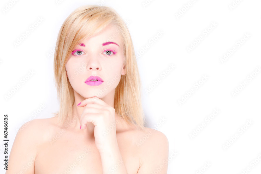 woman blond hair on a white background with pink makeup