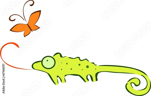 Green chameleon and orange butterfly