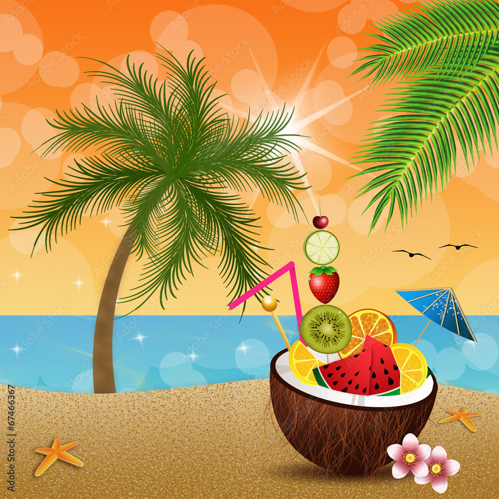 Coconut with fruits on the beach