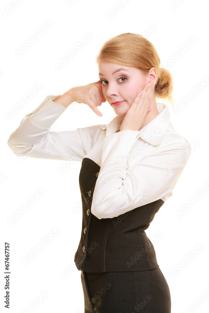 Phone. Worried businesswoman making call me gesture Phone. Worried businesswoman making call me gesture