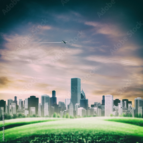 futuristic backgrounds with modern urban buildings and flying je