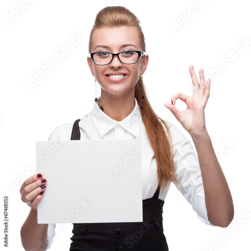 businesswoman holding sign