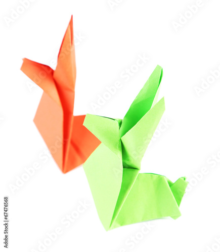 Origami rabbits, close up, isolated on white