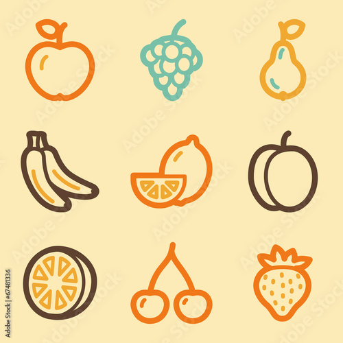 Fruits web icons set in retro style