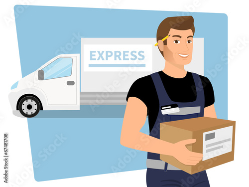 Delivery service man with a box in his hands and white delivery