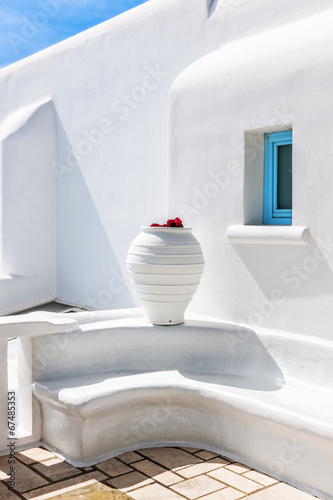 Outside a stylish whitewashed house in Mykonos