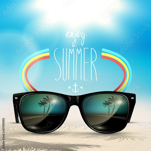 Vector summer blurred beach, with sunglasses