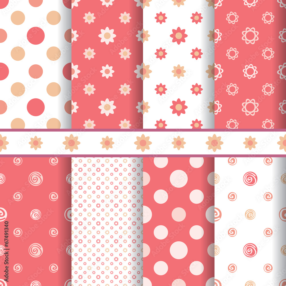 Cute baby vector patterns set - seamless girl pink texture Cute baby vector patterns set - seamless girl pink texture