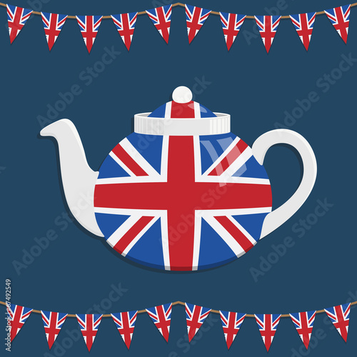 Union jack vector teapot kitchenware with UK bunting clipart on dark blue background