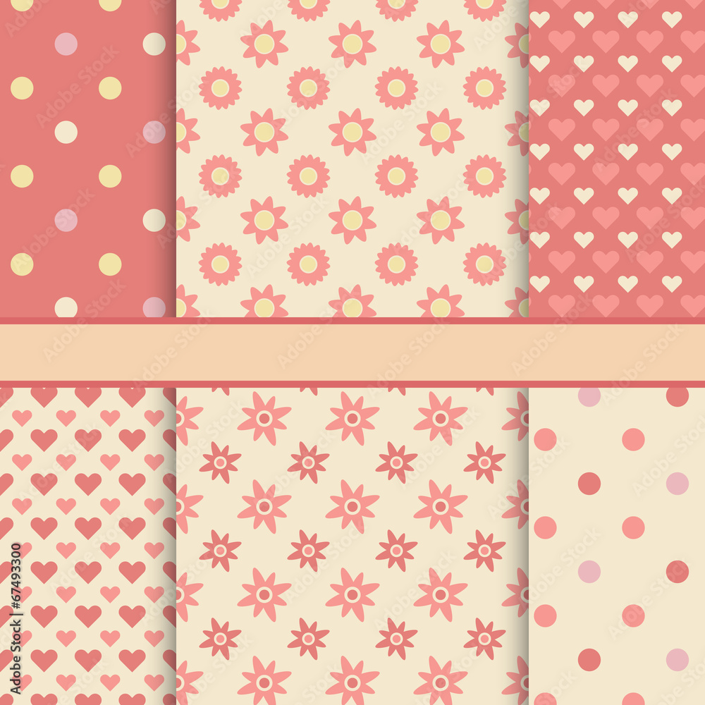 Vector set of seamless romantic vector patterns (tiling) - pink