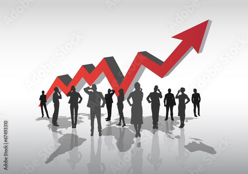 Business people standing in front of red arrow on world map