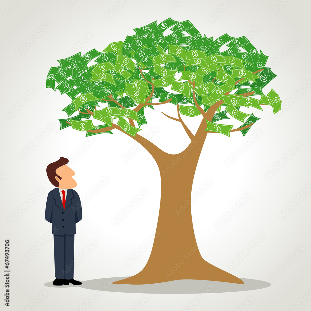 Simple cartoon of a businessman standing next to the money tree Stock  Vector | Adobe Stock
