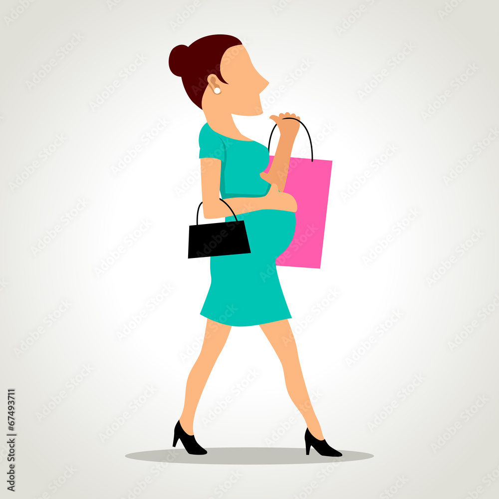 Simple cartoon of a pregnant woman with shopping bag