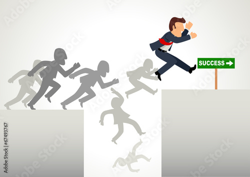 Cartoon illustration of men run and jump over the ravine