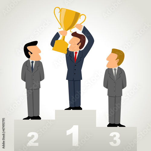 Simple cartoon of a businessman holding a trophy