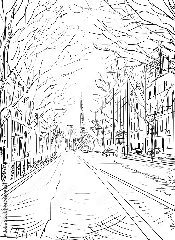 Street in paris. Eiffel tower -sketch  illustration