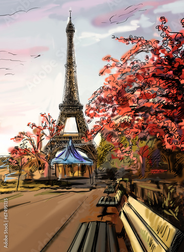 Street in paris. Eiffel tower - illustration #67495135