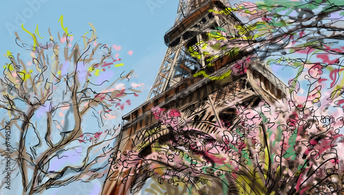 Street in paris. Eiffel tower - illustration #67495176
