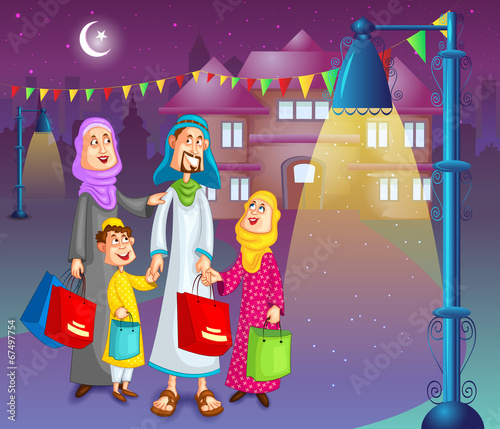 Happy muslim family doing shopping for Eid