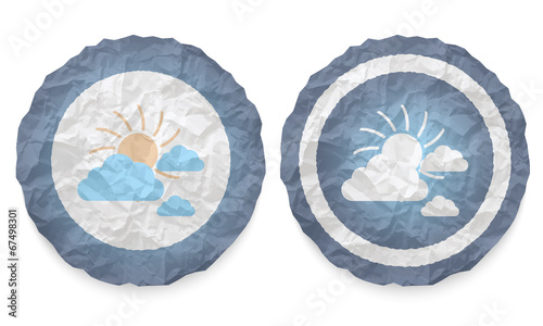 two icons with texture crumpled paper and sun and clouds