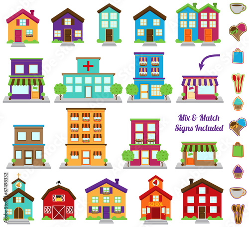 Vector Collection of City and Town Buildings, including various 