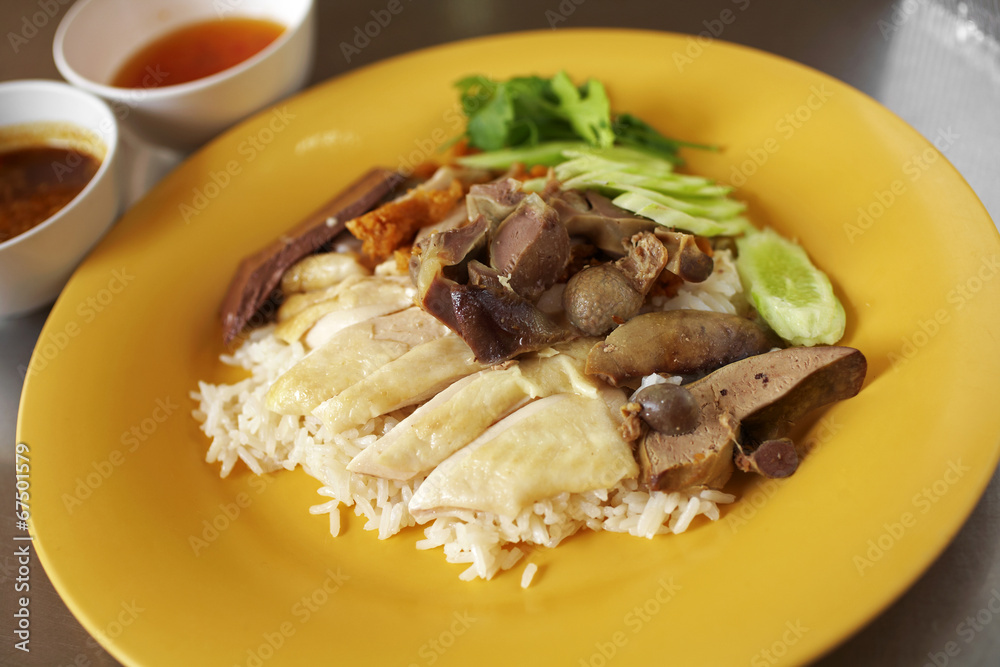 close up chinese steamed chicken and rice in dish close up chinese steamed chicken and rice in dish
