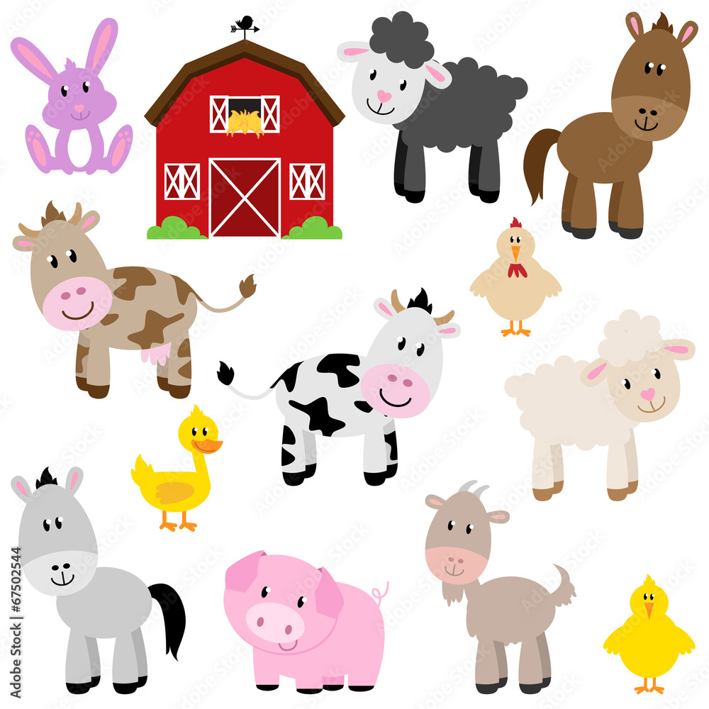 Vector Collection of Cute Cartoon Farm Animals and Barn Stock Vector |  Adobe Stock