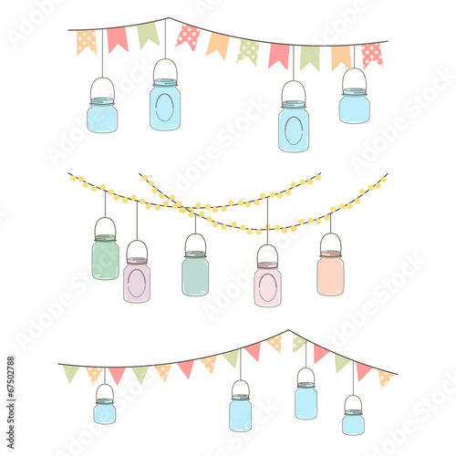 Vector Set of Hanging Glass Jar Lights and Bunting