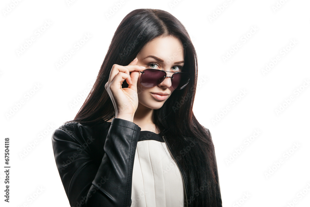 Woman in sunglasses posing on white background Woman in sunglasses posing on white background
