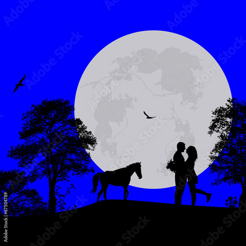 Horse and lovers at blue night
